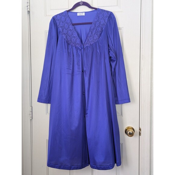 VTG Vanity Fair Robe Duster Nightgown Womens Large Royal Purple Nylon Lace - Picture 1 of 9